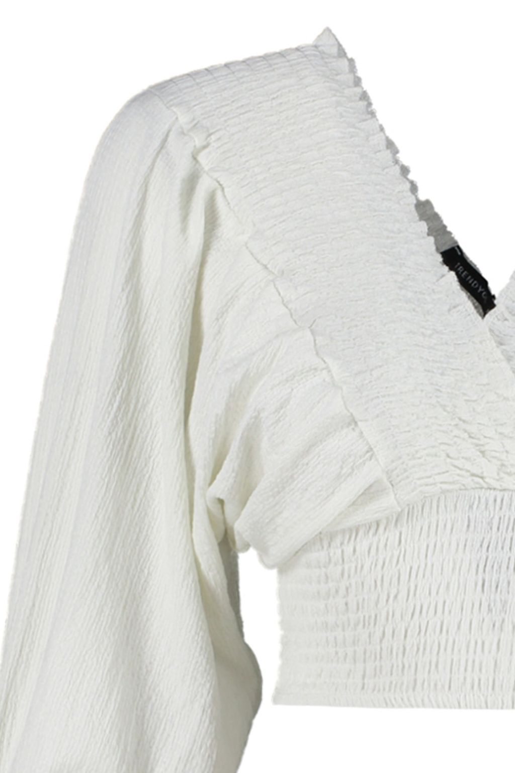 Trendyolmilla Ekru Gipeli Balon Kol V Yaka Burumcuk/Dokulu Crop Orme Bluz TWOSS23BZ00840