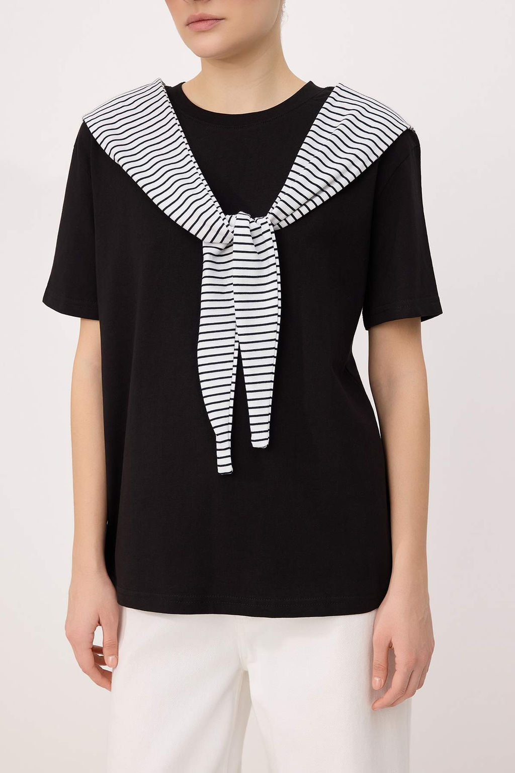 Siyah Oversize/Genis Kal?p K?sa Kollu Baglama Detayl? Uzun Yumusak Orme T-shirt TWOSS26TS00269 - Trendyolmilla фото 3