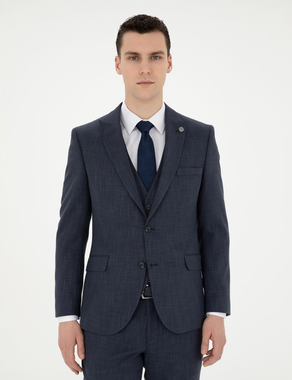 Lacivert Ekstra Slim Fit Yelekli Tak_m Elbise