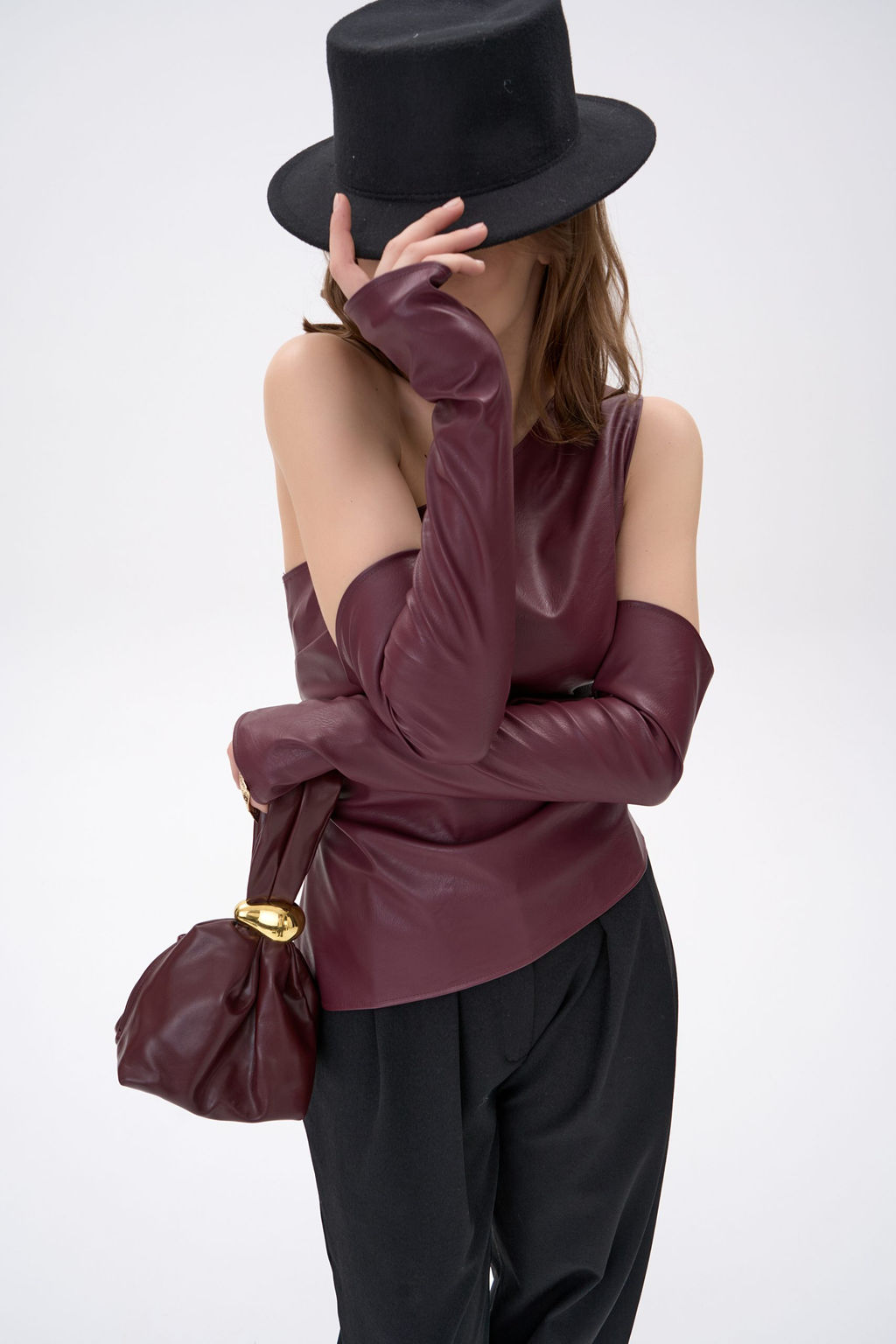 Кожаный топ с рукавами Рикси (бордовый)