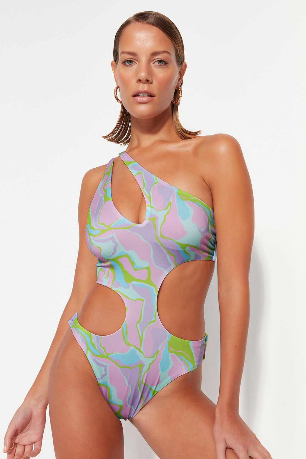 Soyut Desenli Tek Omuz Cut Out/Pencereli Normal Paca Mayokini TBESS23MA00002