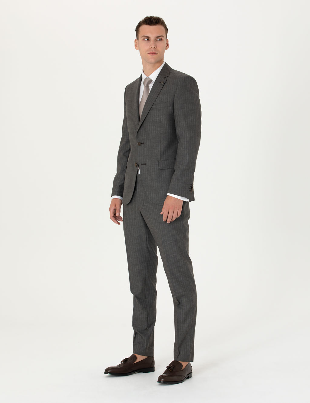 Kahverengi _izgili Ex.Slim Fit Tak_m Elbise
