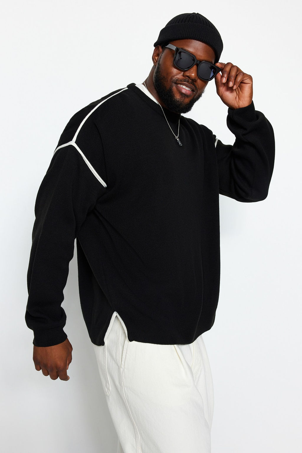 TRENDYOL MAN Siyah Buyuk Beden Oversize Fit Genis Kal?p Biye Detayl? Triko Kazak TMNAW24AN00000 - Trendyolmilla фото 8