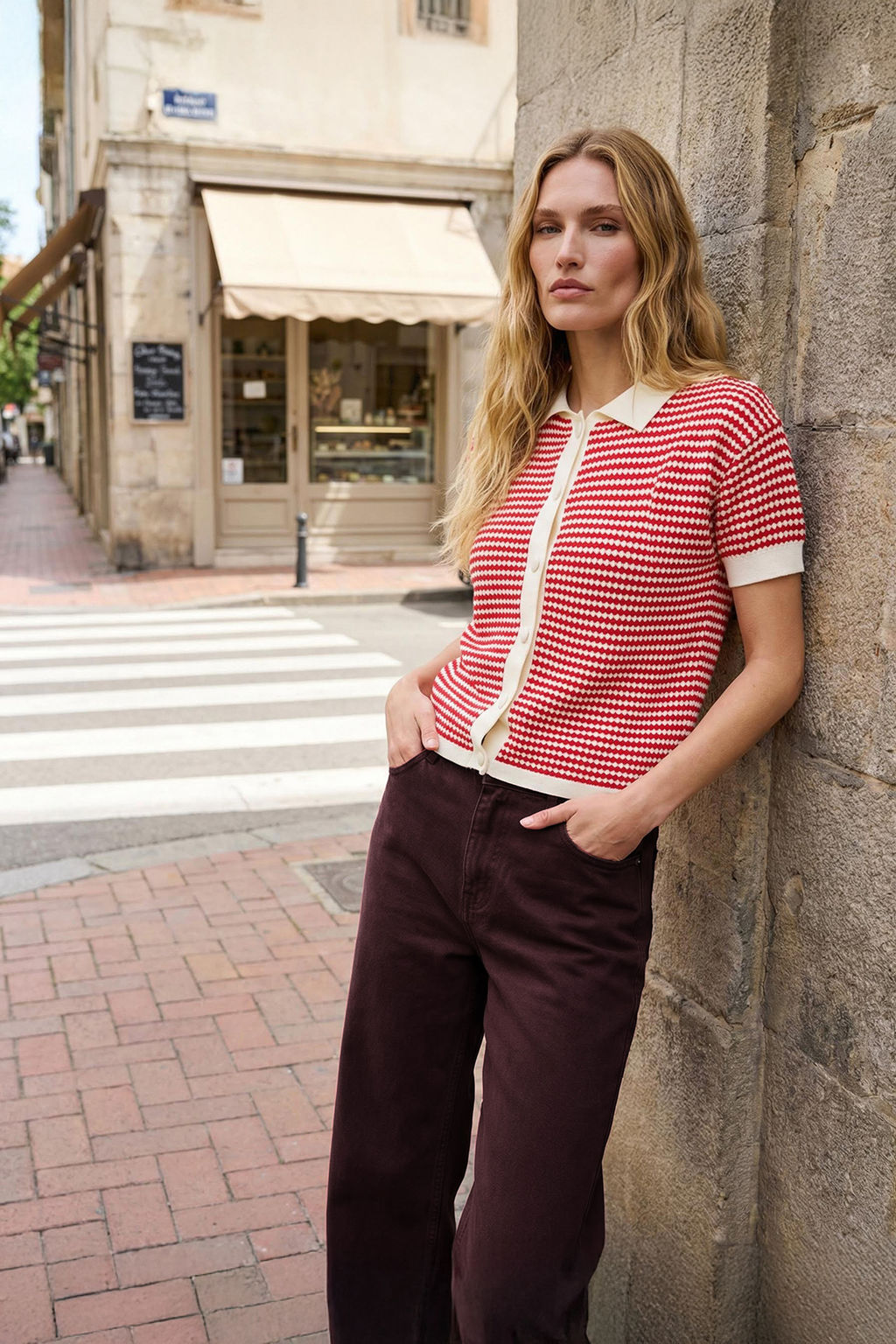 K?rm?z? Polo Yaka Cizgili Bluz TWOSS25BZ00183