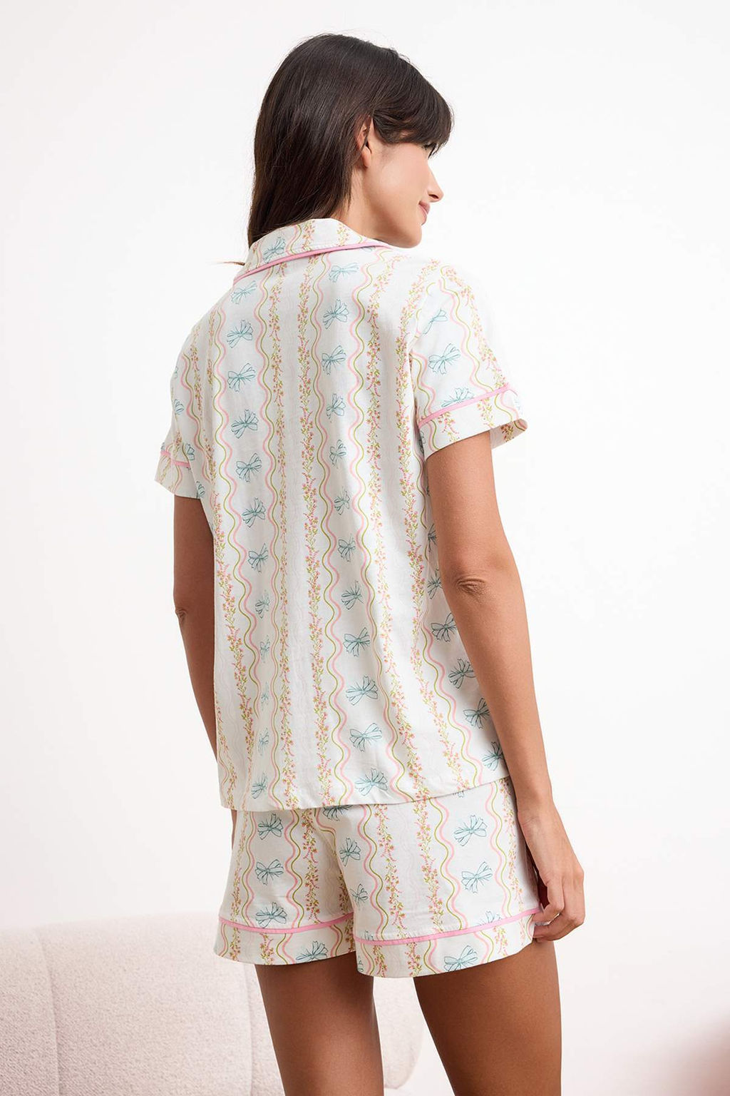 Cok Renkli %100 Pamuklu Cicek ve Kurdele Desenli Biyeli Orme Pijama Tak?m? THMSS26PT00118