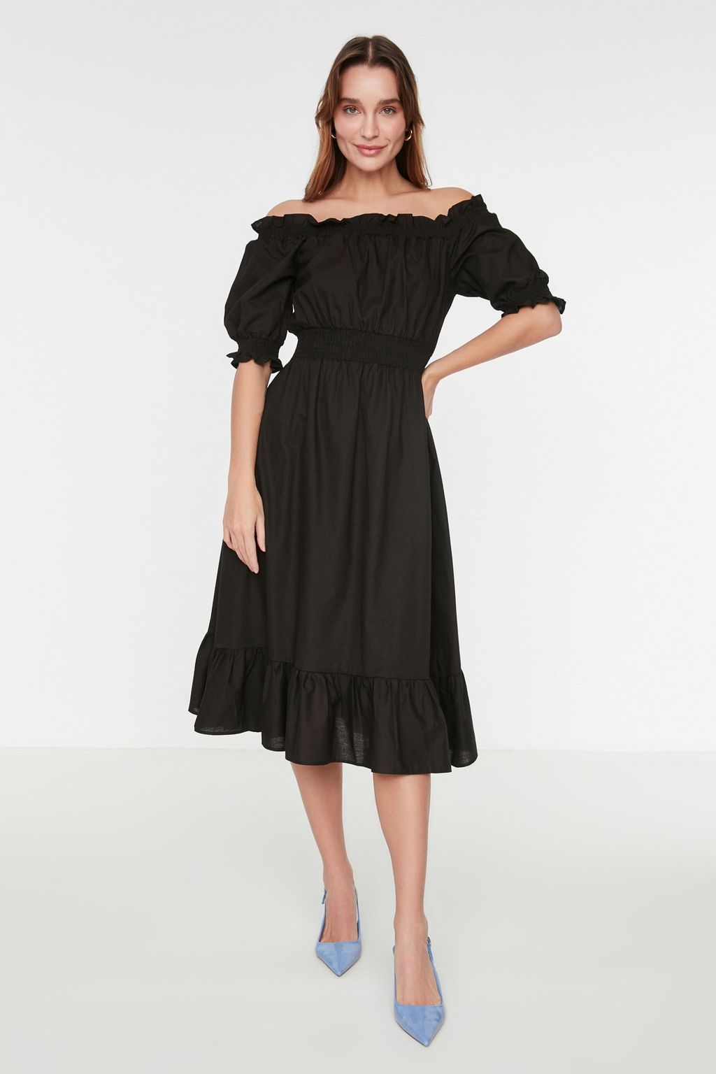 Siyah Skater/Belden Ac?lan Gipeli Midi Dokuma Keten Gorunumlu Elbise TWOSS21EL1967 - Trendyolmilla фото 2