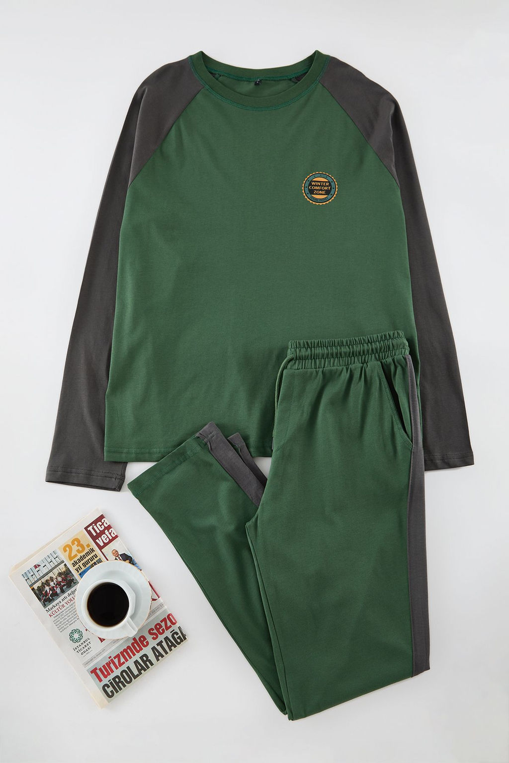 Erkek Yesil Reglan Kol Regular Fit Orme %100 Pamuk Pijama Tak?m? TMNAW25PT00004