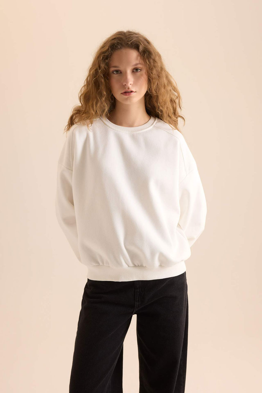 Coool Oversize Genis Kal?p Bisiklet Yaka Basic Duz Kal?n Kumas Siyah Sweatshirt - Defacto фото 4