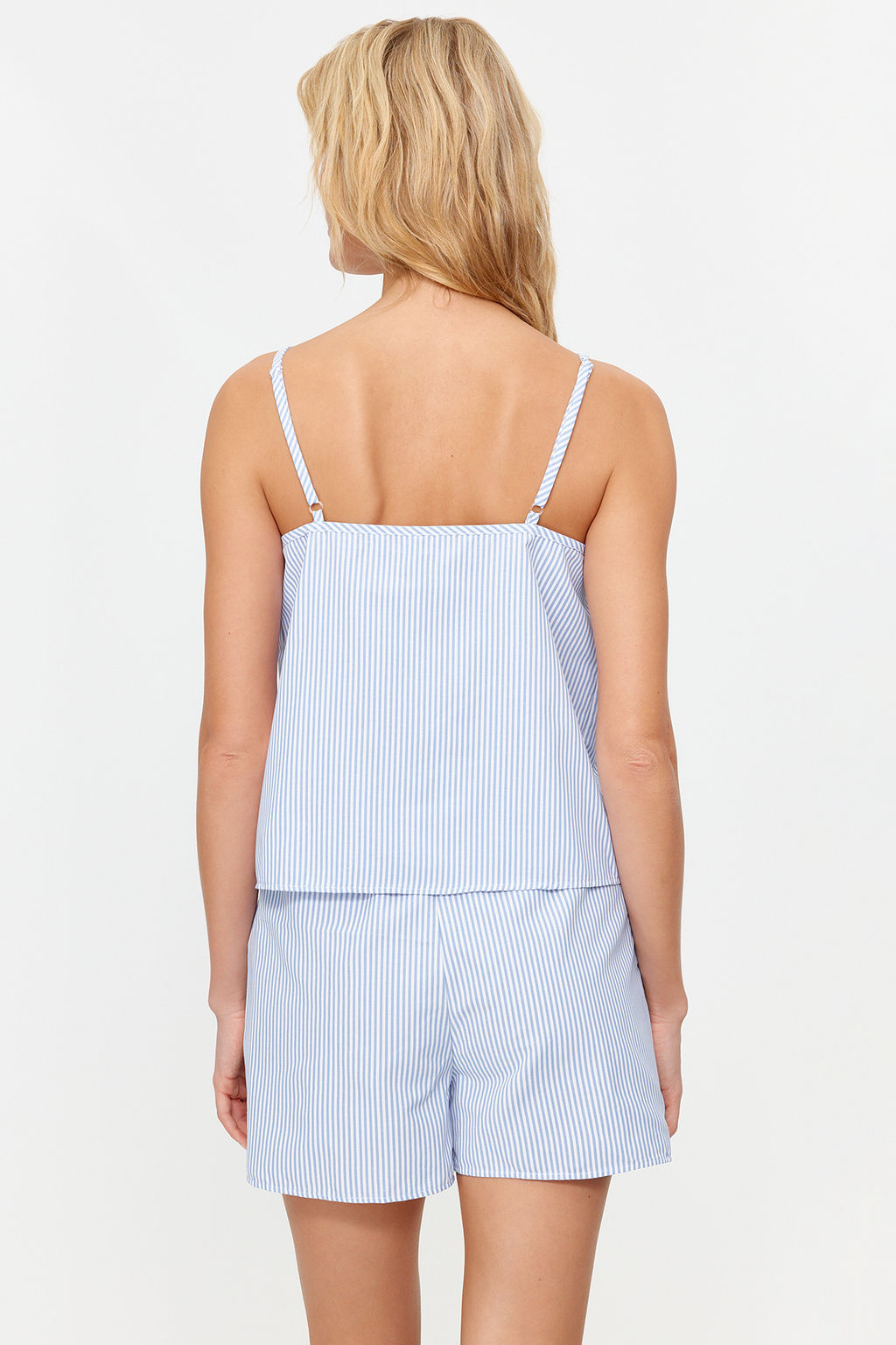 Trendyolmilla Mavi Cizgili Ip Ask?l? Poplin Sortlu Dokuma Pijama Tak?m? THMSS24PT00049  фото 6