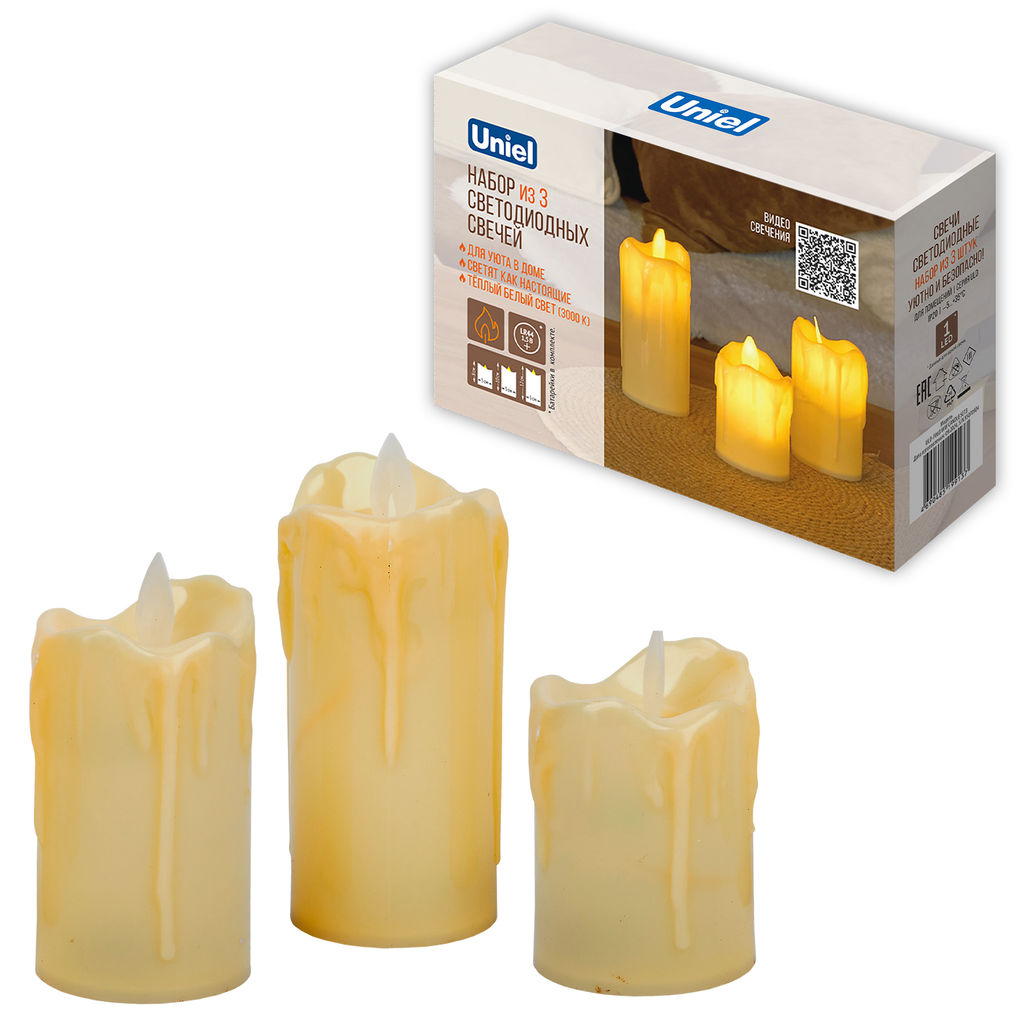 ULD-F063 WW CANDLE SET3 Фигура светодиодная Свеча на батарейках LR44 (в/к), в составе набора из 3 штук. 1 светодиод. Теплый белый свет. TM Uniel
