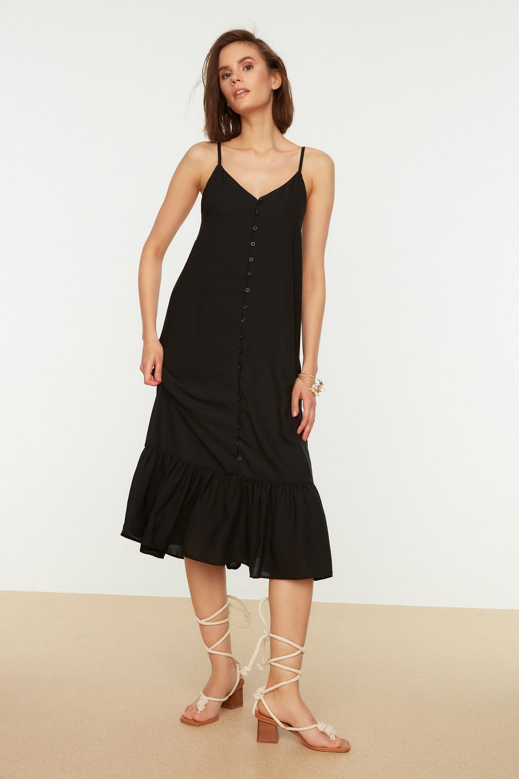 Siyah Ask?l? Dugmeli A Kesim Midi Dokuma Elbise TWOSS21EL1990 - Trendyolmilla фото 2