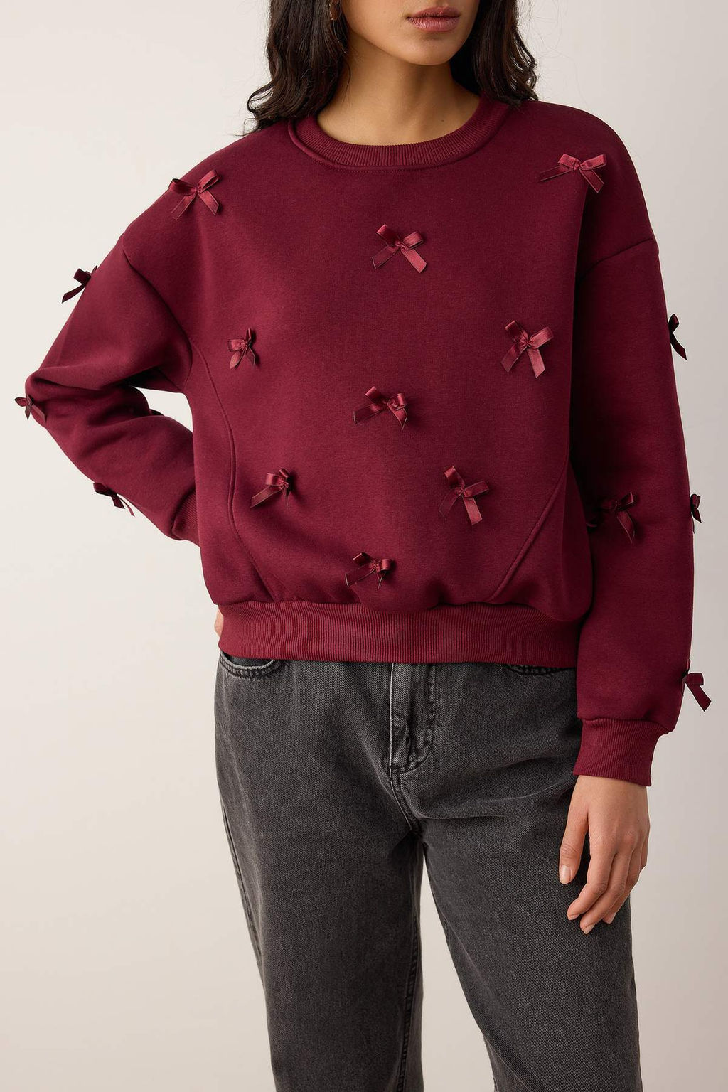 Bordo Kurdele Detayl? Kal?n Ici Polarl? Orme Sweatshirt TWOAW26SW00240 - Trendyolmilla фото 3