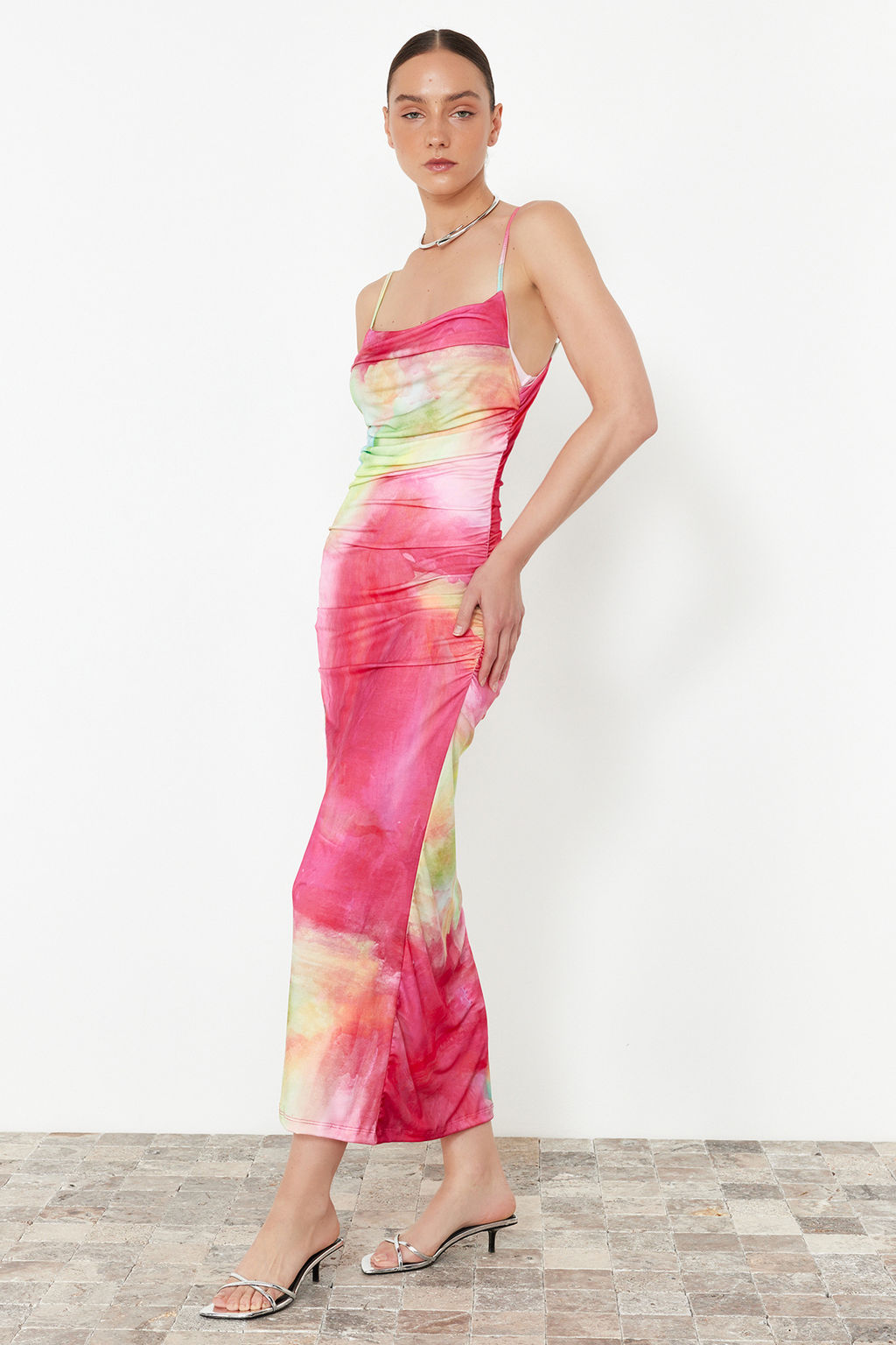 Limited Edition Pembe Bask?l? Midi Ayarlanabilir Ask?l? Esnek Orme Kalem Elbise TWOSS24EL00566 - Trendyolmilla фото 2