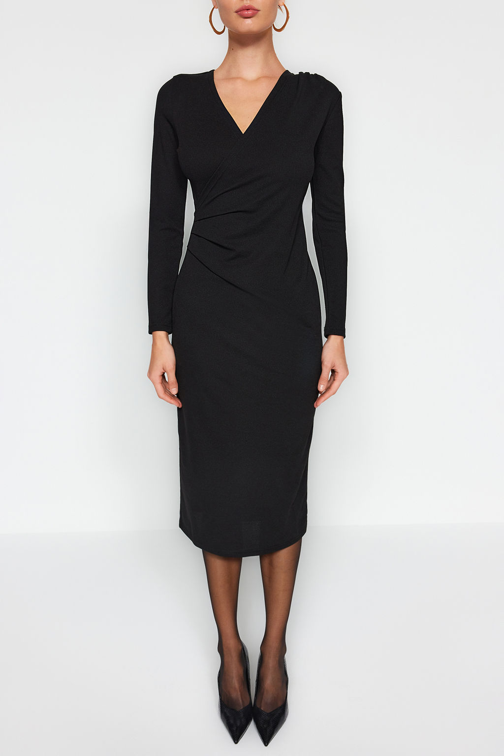 TRENDYOLMILLA Mor Kruvaze Yaka Uzun Kollu Buzgu Detayl? Vucuda Oturan Midi Orme Elbise TWOAW24EL00826 фото 8