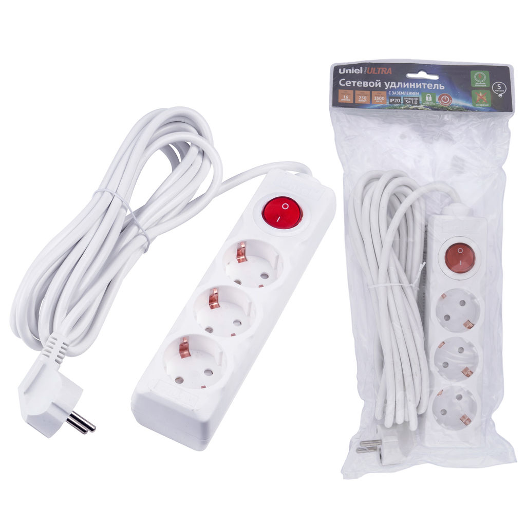 S-GCU3-5B WHITE Удлинитель серии Ultra, шнур 5м., 3 гнезда, 16A, с/з. Белый. TM Uniel