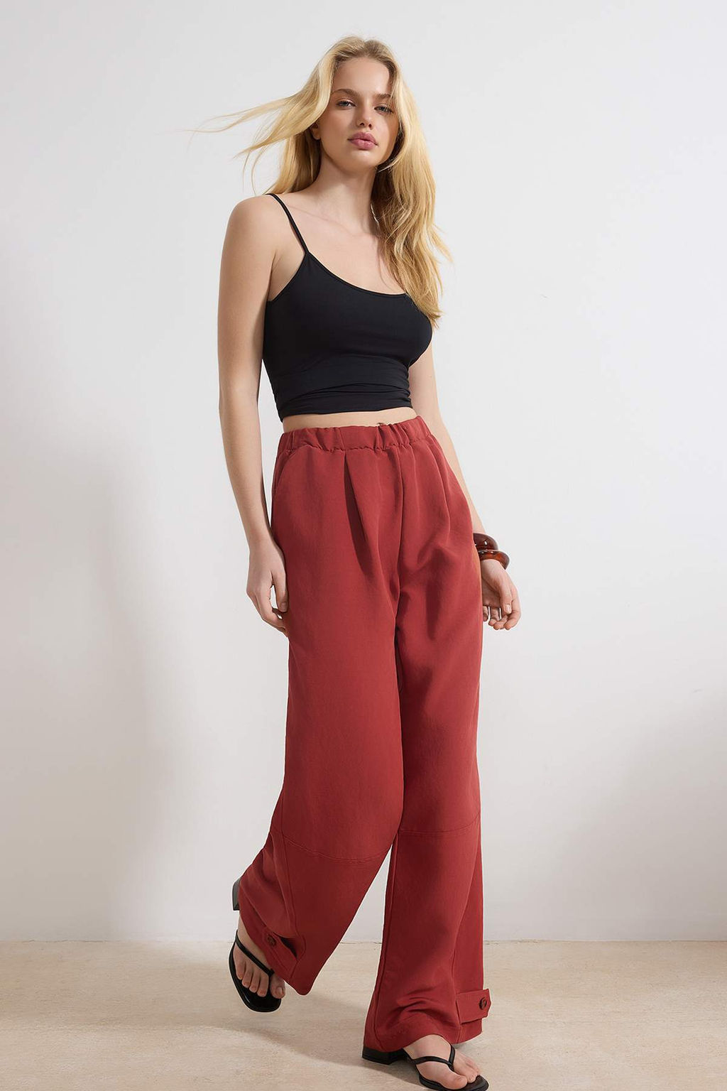 Kiremit Tensel Yumusak Tuseli Beli Lastikli Wide Leg/Genis Paca Pantolon TWOSS26PL00055 - Trendyolmilla фото 2