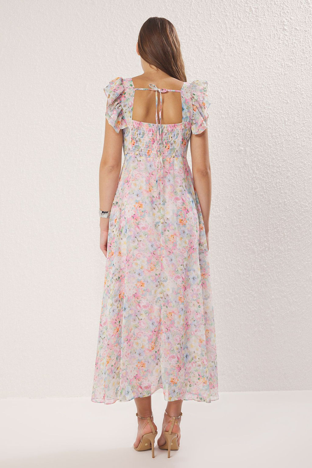 Trendyolmilla Cok Renkli Cicekli A Kesim Gipeli Astarl? Sifon Maxi Dokuma Elbise TWOSS25EL00729 фото 4