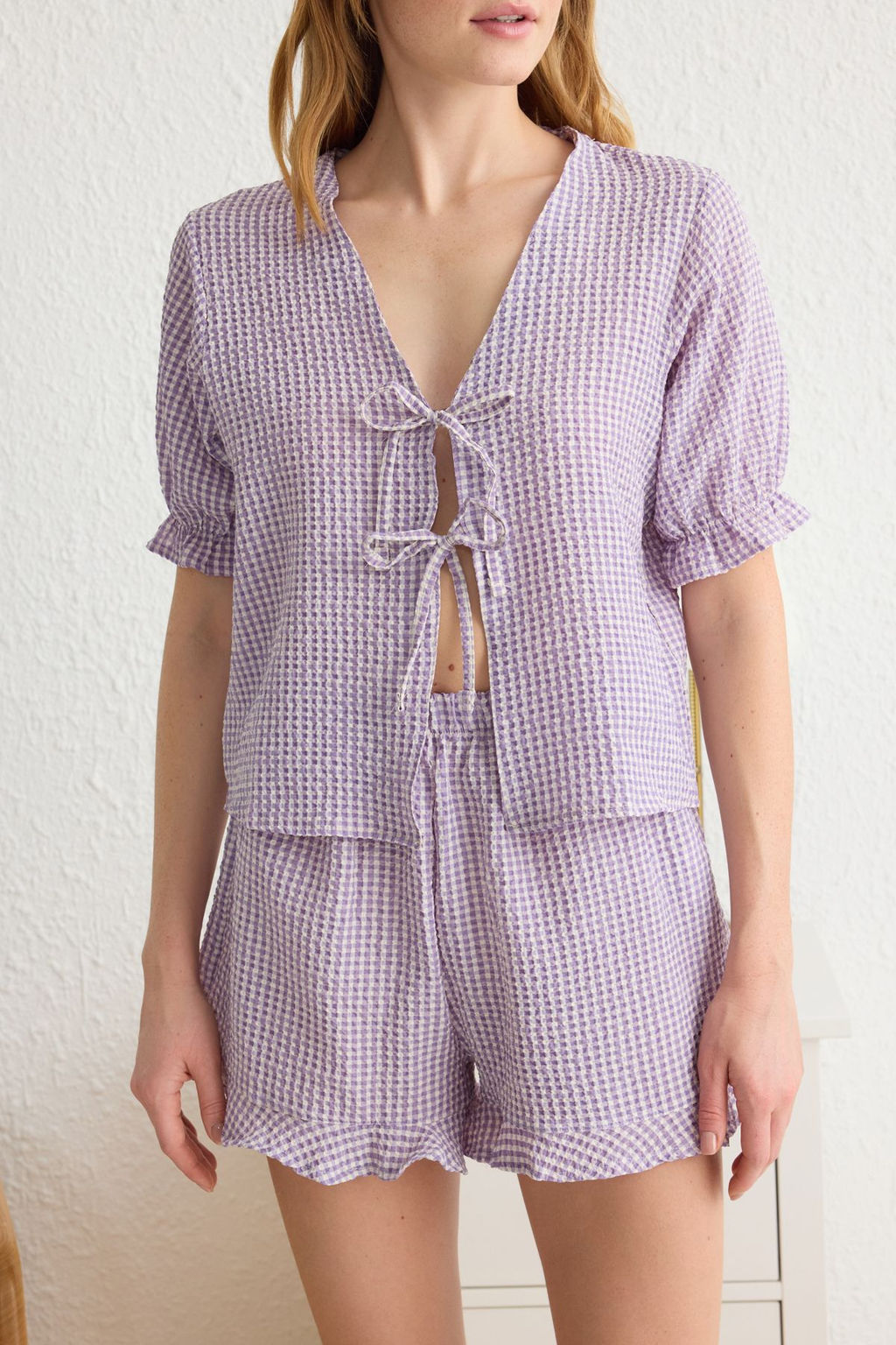 Trendyolmilla Mavi Dokulu Potikareli Baglama/Kurdele/Fiyonk Detayl? Sortlu Dokuma Pijama Tak?m? THMSS24PT00149  фото 16