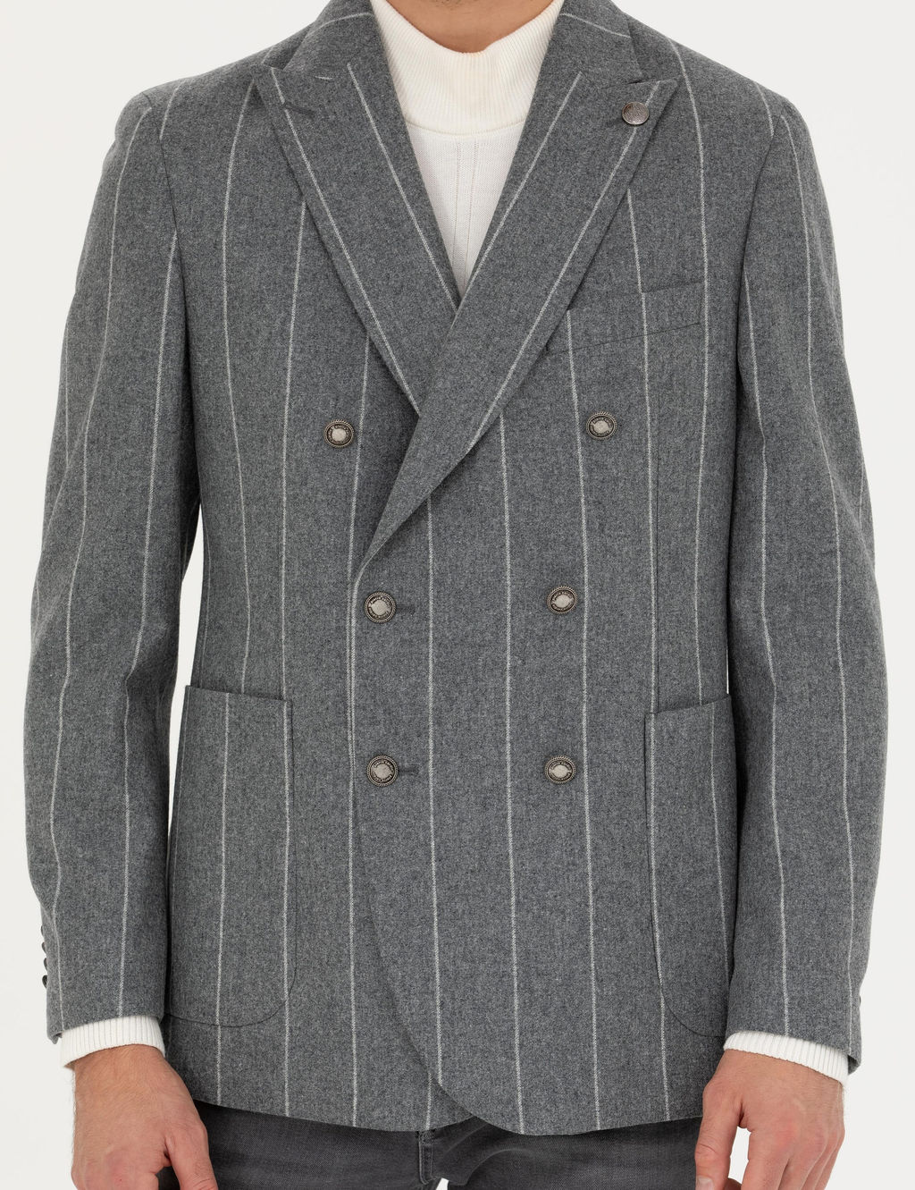 Gri Ex.Slim Fit %100 Y_n _izgili Kruvaze Ceket