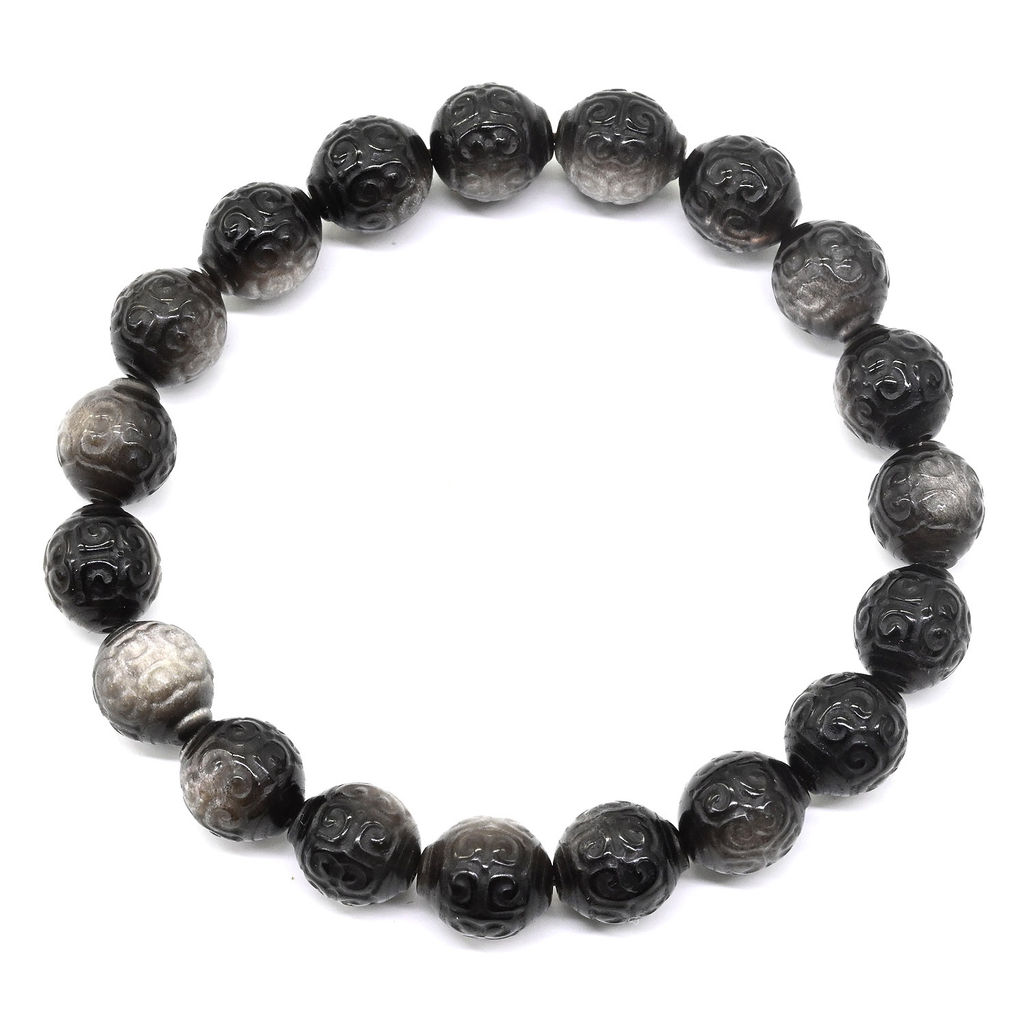 Браслет из Обсидиана шарик резной 8мм, 15г