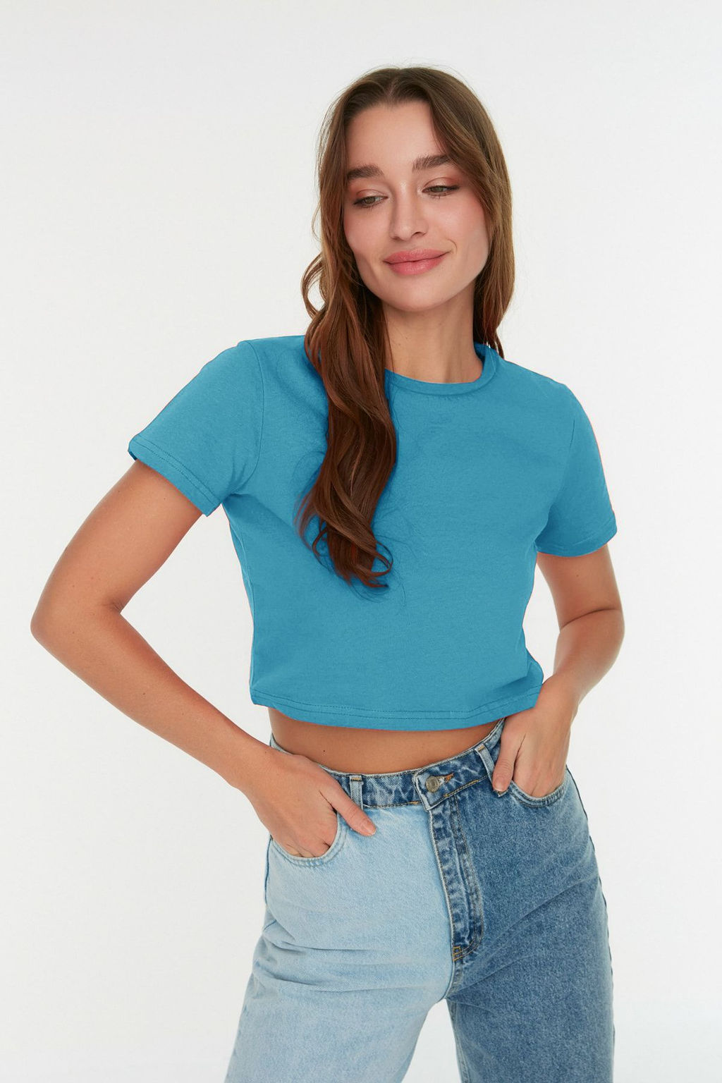 Lacivert-Turkuaz 2li Paket %100 Pamuk Crop Bisiklet Yaka Orme T-Shirt TWOSS20TS1480