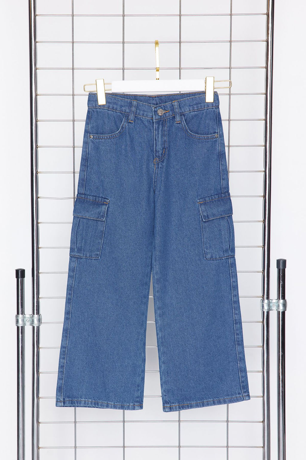 Koyu Mavi K?z Cocuk Wide Leg Kargo Cepli Pamuklu Lastikli Denim Pantolon Jean TKDSS24PL00001 - Trendyolmilla фото 6