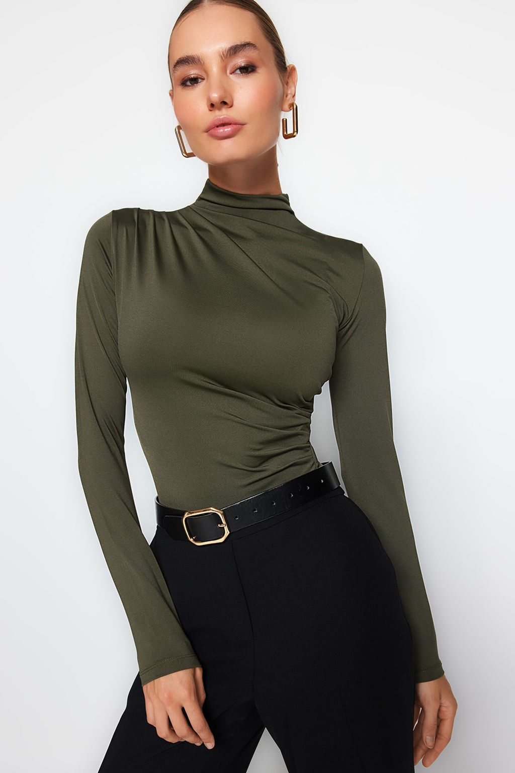 Haki Buzgu Detayl? Dik Yaka C?tc?tl? Esnek Orme Body TWOAW24BD00014