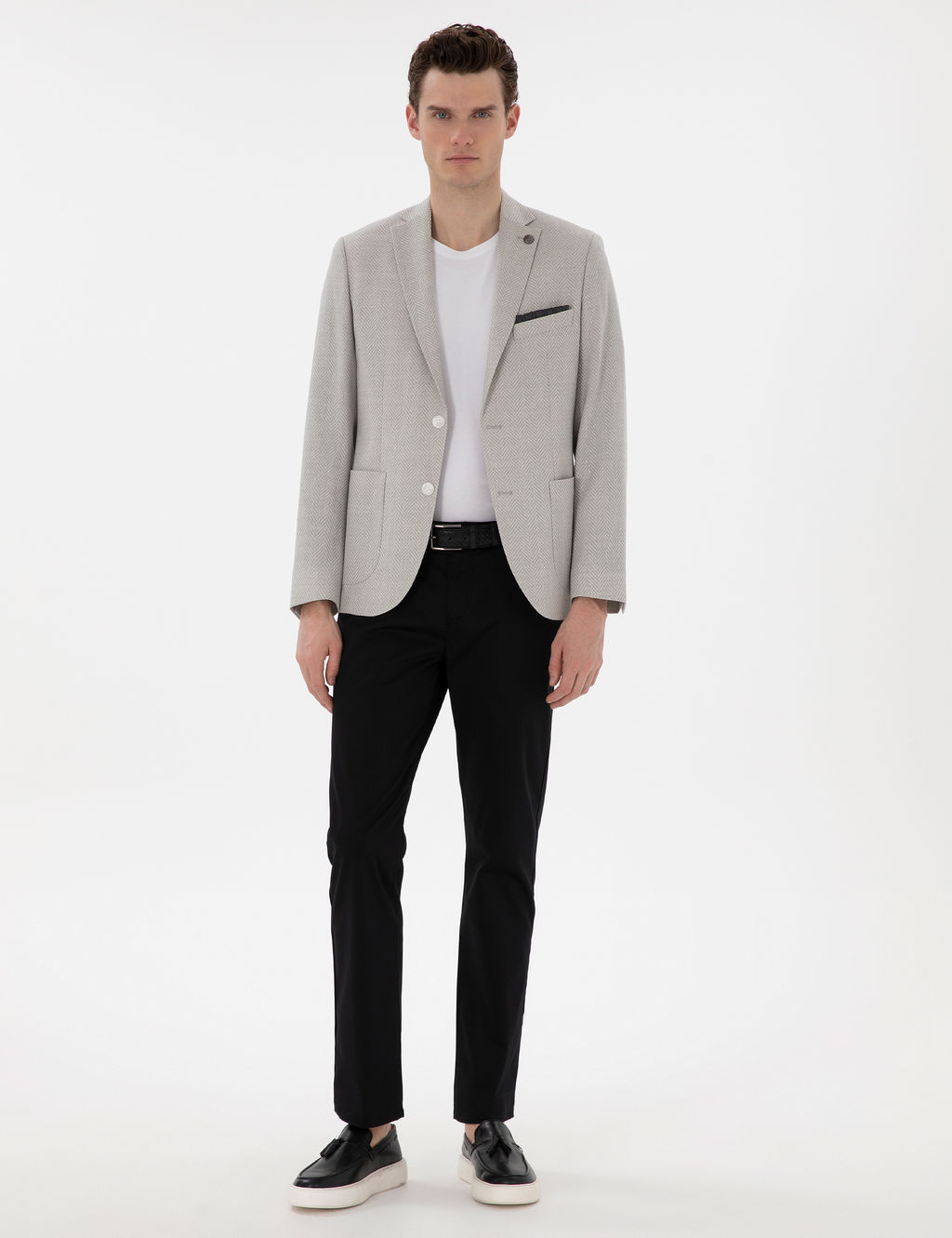 A__k Gri Slim Fit Y_n Keten Kar___ml_ Ceket