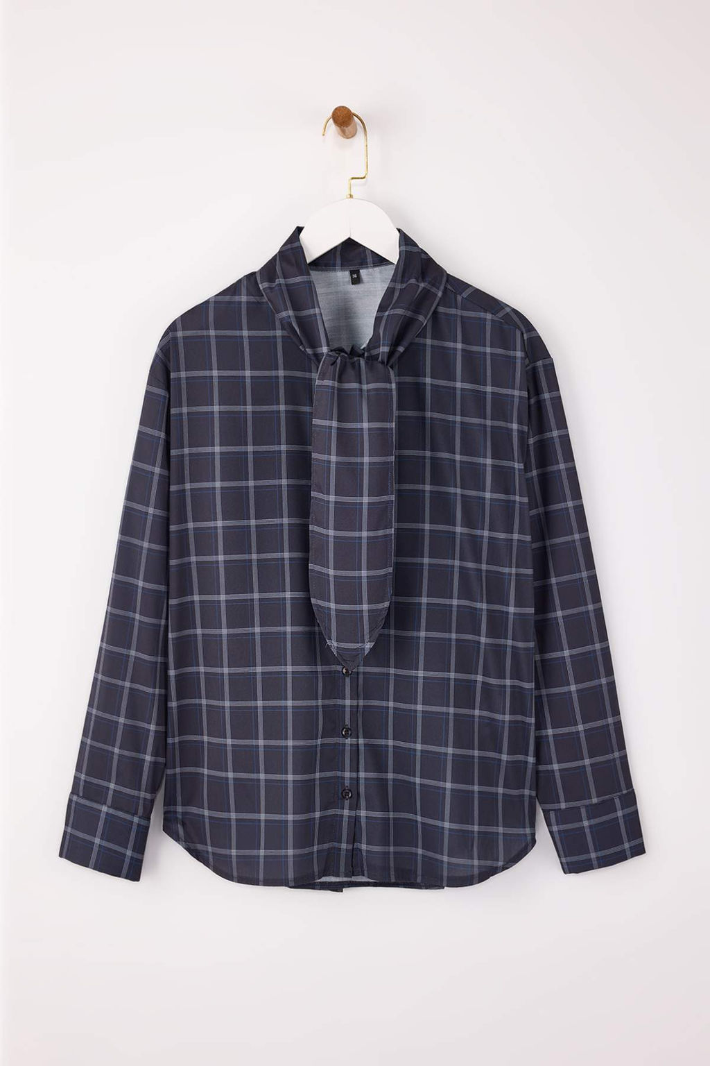 Cok Renkli-Kahverengi Ekose Fular Detayl? Oversize/Genis Kal?p Gomlek TWOSS26GO00009 - Trendyolmilla фото 3