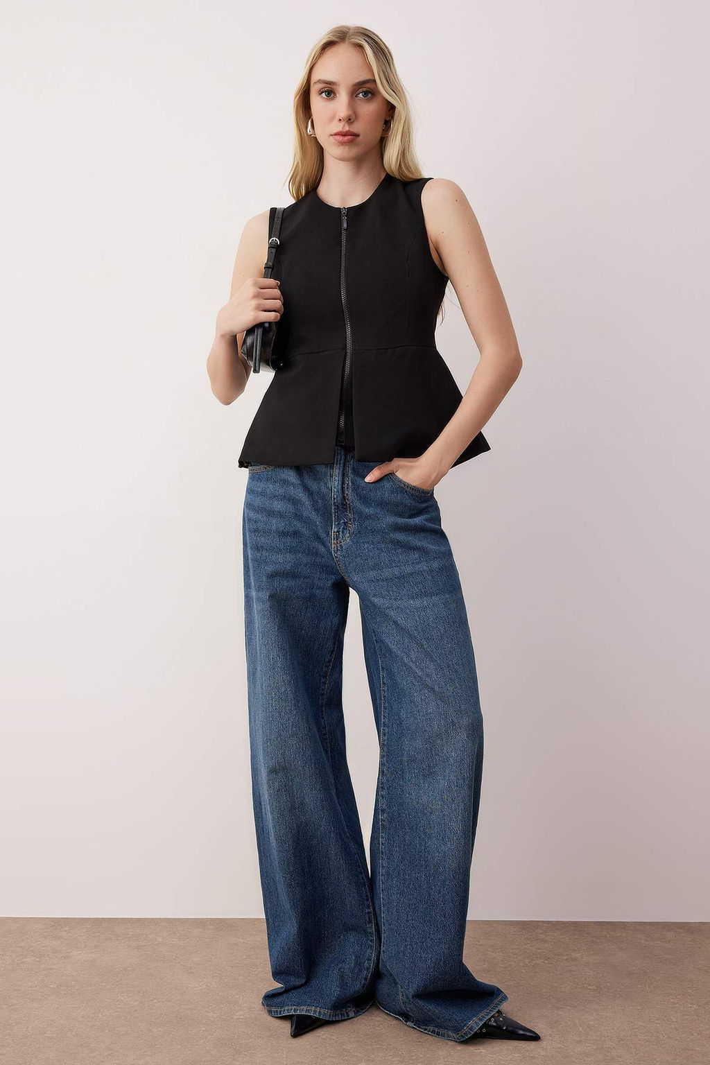 Sustainable Siyah Fermuarl? Peplum Dokuma Yelek TWOAW26YE00053 - Trendyolmilla фото 6