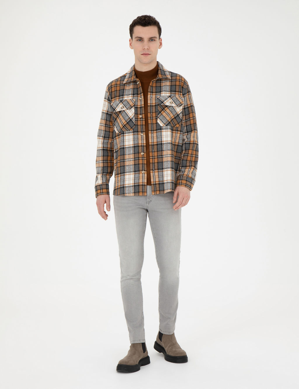 A__k Kahverengi Oduncu Oversize Uzun Kollu G_mlek
