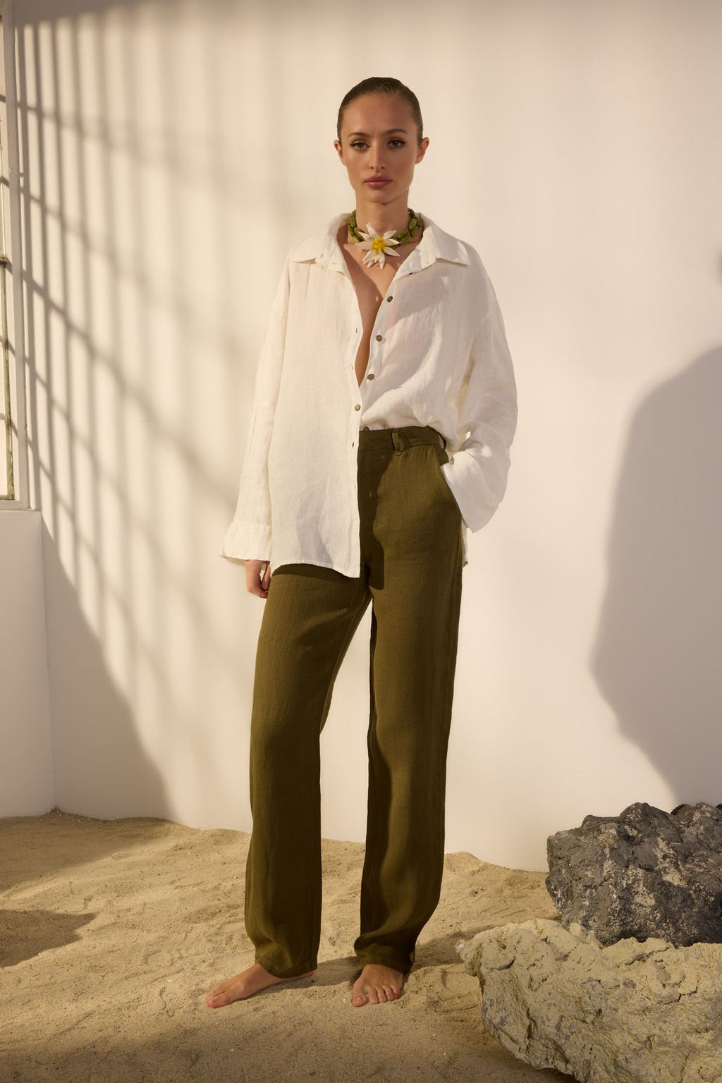 Haki %100 Keten Yuksek Bel Wide Leg Pantolon TWOSS24JE00246 - Trendyolmilla фото 2