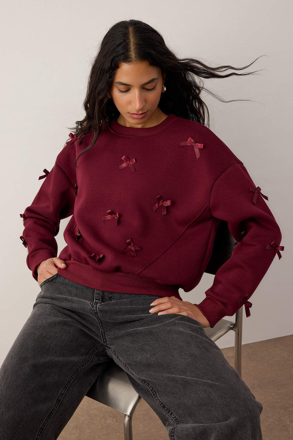 Bordo Kurdele Detayl? Kal?n Ici Polarl? Orme Sweatshirt TWOAW26SW00240