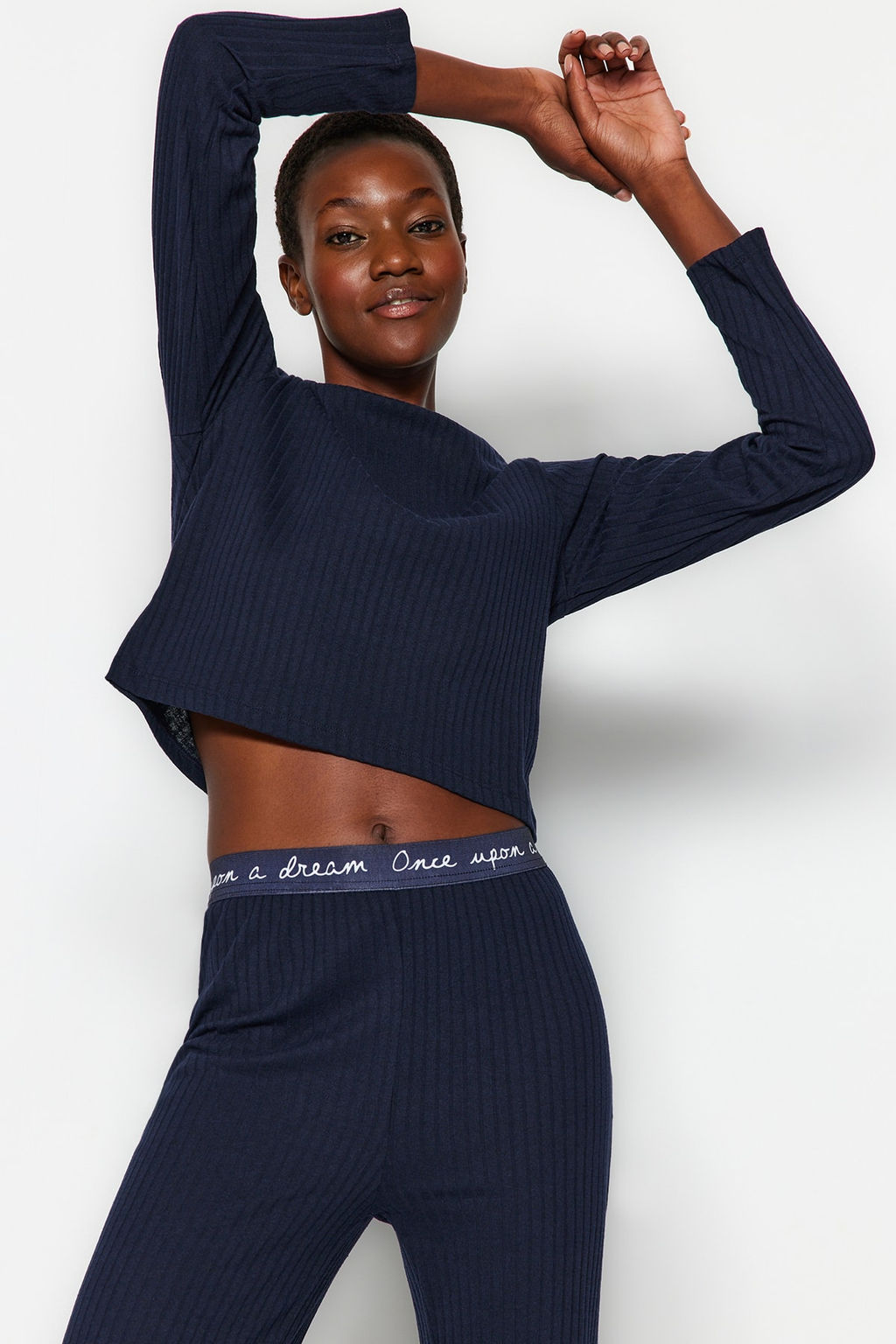 Lacivert Slogan Lastik Detayl? Fitilli Orme Pijama Tak?m? THMAW21PT0269
