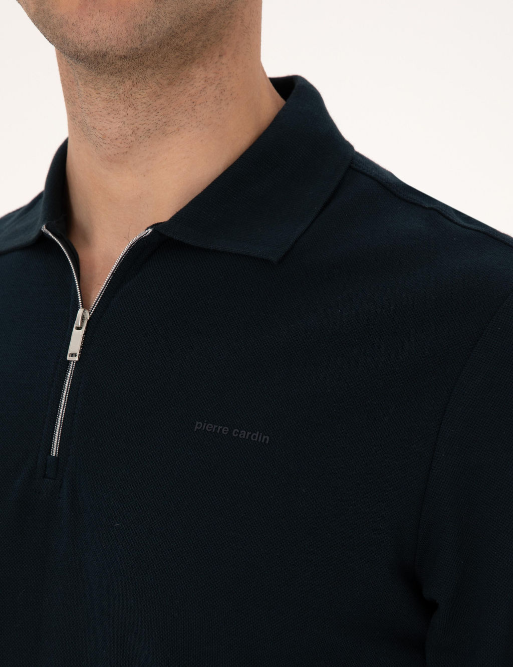 Lacivert Slim Fit K_vr_lmaz Fermuarl_ Polo Yaka Basic Pike Sweatshirt