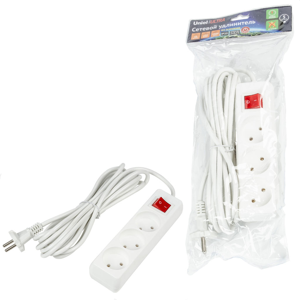 S-CU3-5B WHITE Удлинитель серии Ultra, шнур 5м., 3 гнезда, 10A, б/з. Белый. TM Uniel