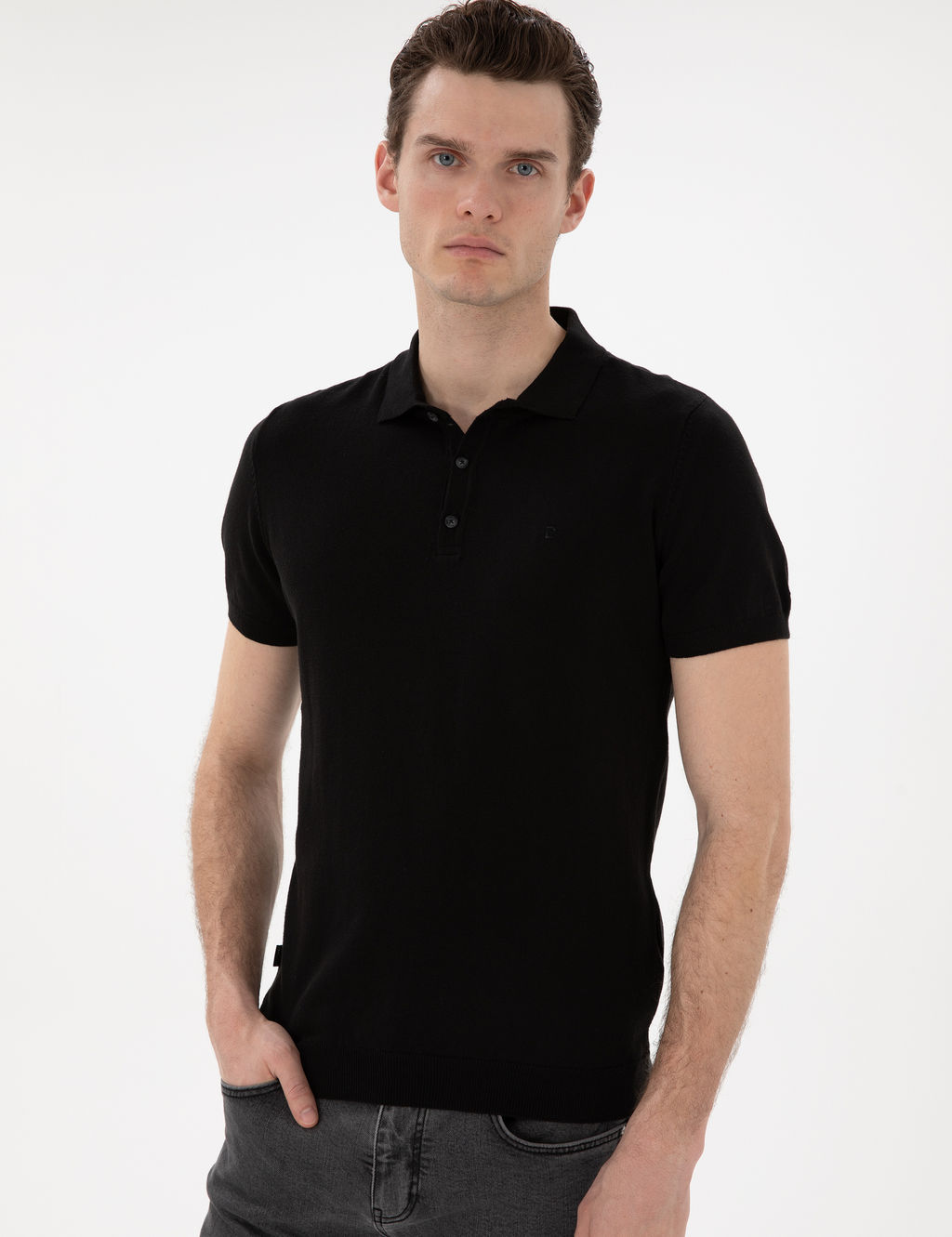 Siyah Slim Fit D__meli Polo Yaka Triko Ti__rt