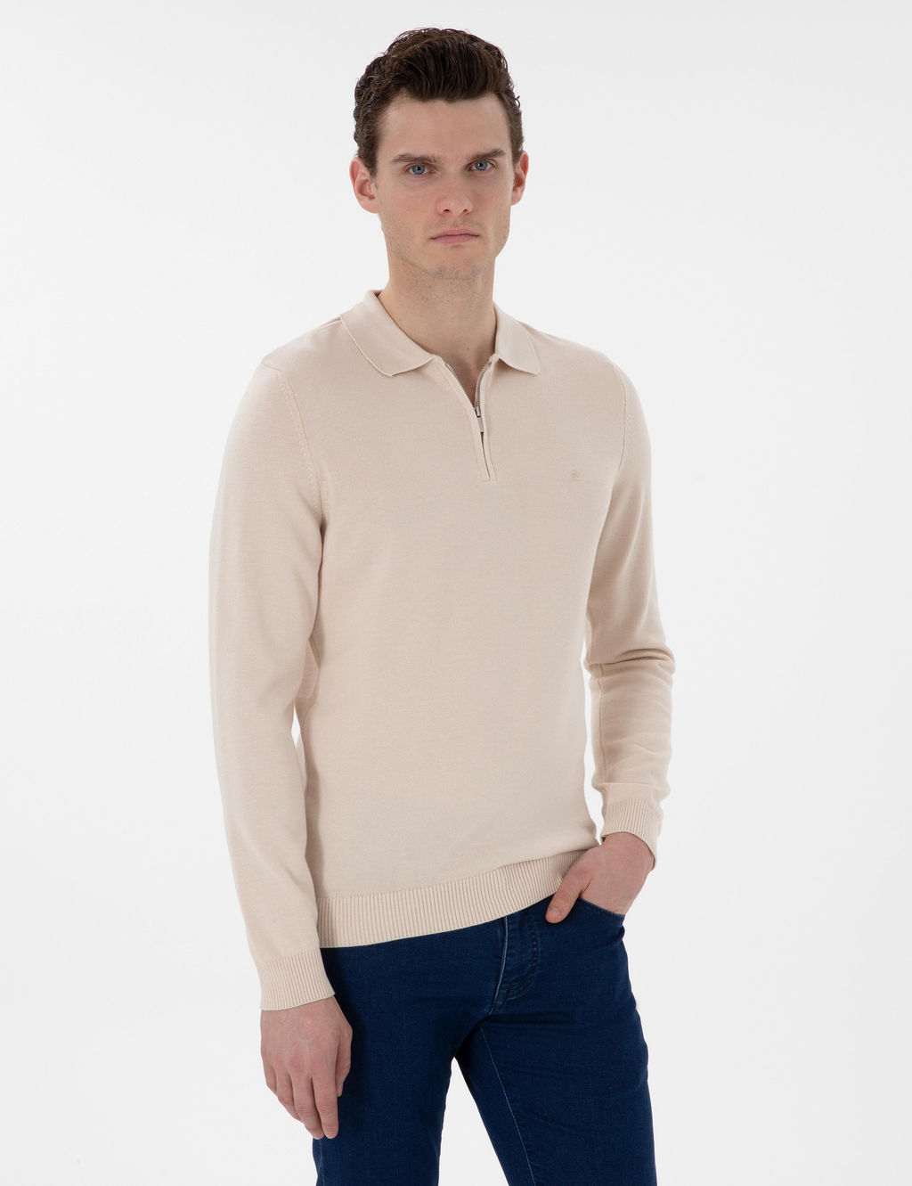 Bej Slim Fit Fermuarl_ Polo Yaka Basic Triko Kazak