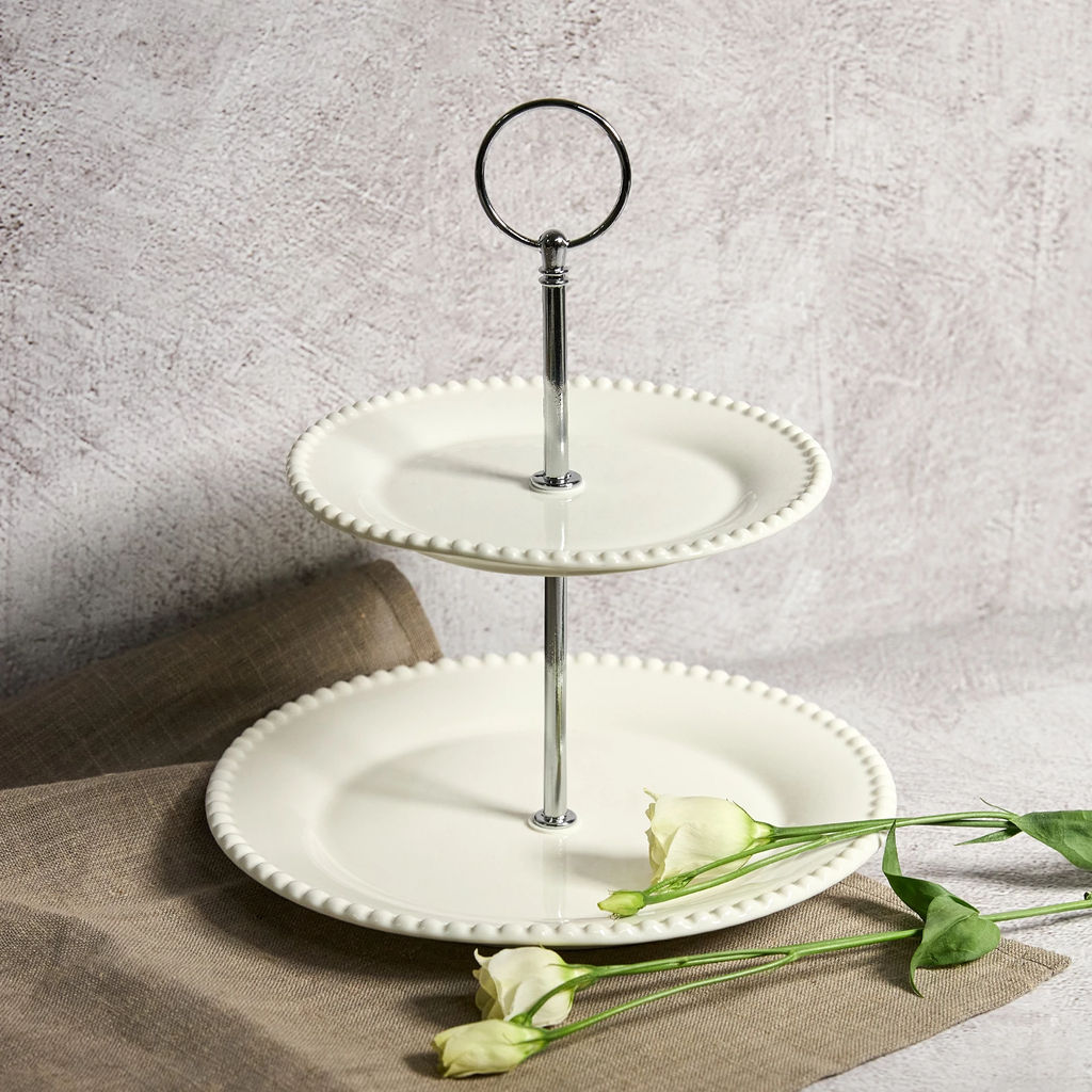 Подставка для пирожных, 16х21/23 см, 2 яруса, фарфор P/металл, белая, Бусины, Tiffany White