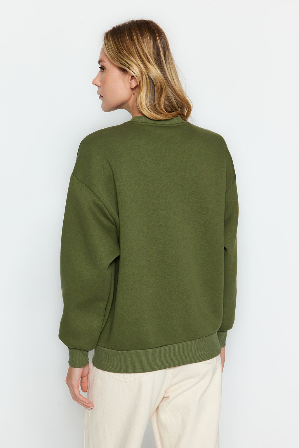 Haki Kal?n Ici Polarl? Regular/Normal Kal?p Bisiklet Yaka Basic Orme Sweatshirt TWOAW24SW00101