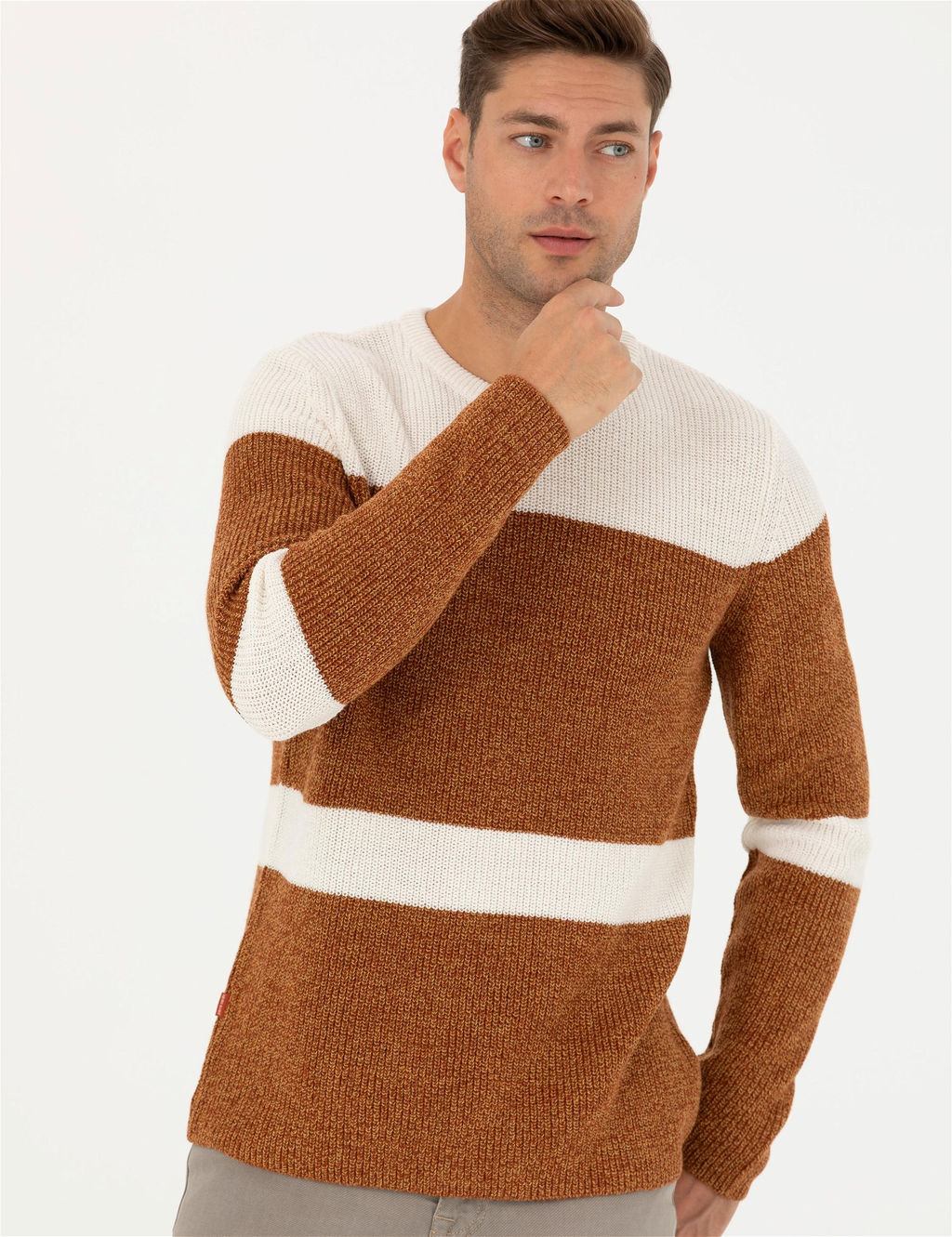 Bej Slim Fit Bisiklet Yaka Y_n Kar___ml_ Triko Kazak - Pierre cardin фото 4