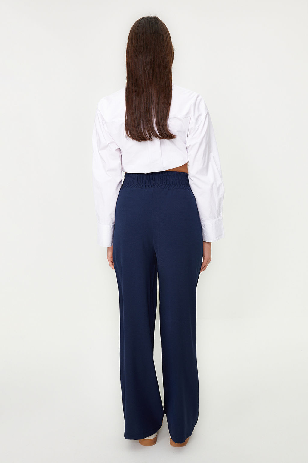 Lacivert Wide Leg/Genis Paca Beli Lastikli Dokuma Pantolon TWOSS22PL00024