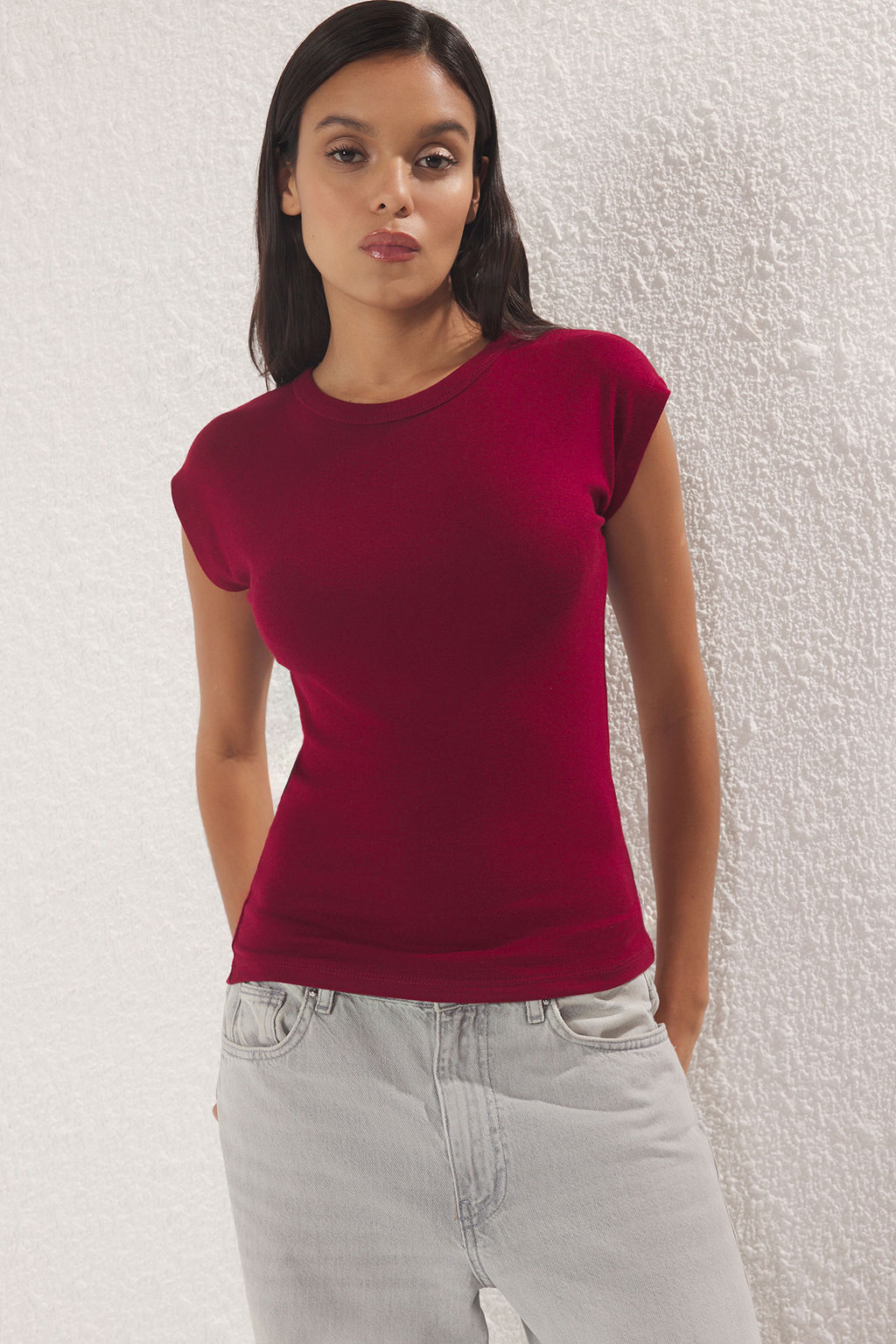 Bordo Premium Viskoz/Yumusak Kumas Fitted/Vucuda Oturan Ay Kol Esnek Orme Bluz TWOSS23BZ00992