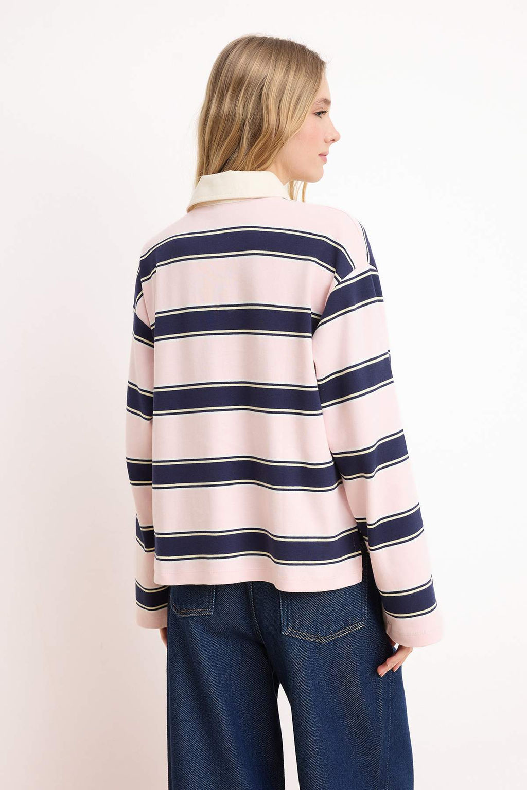 Ekru Cizgili Boxy Dusuk Kol Uzun Kollu Interlok Orme T-Shirt TWOSS26TS00188 - Trendyolmilla фото 8