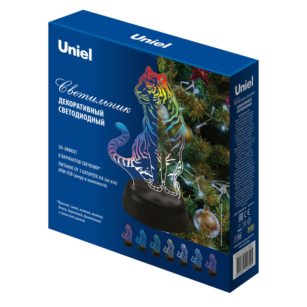 ULI-M507 RGB/3AA TIGER/BLACK Светильник декоративный с эффектом 3D Тигр, на батарейках 3AA (не в/к). 1 светодиод. RGB свет. TM Uniel