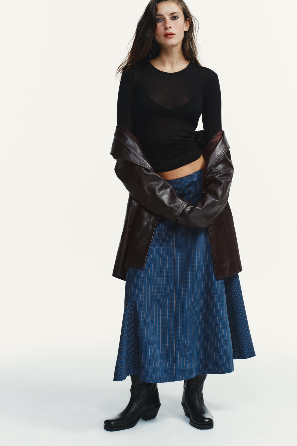 CHECKED PLEATED MIDI SKIRT