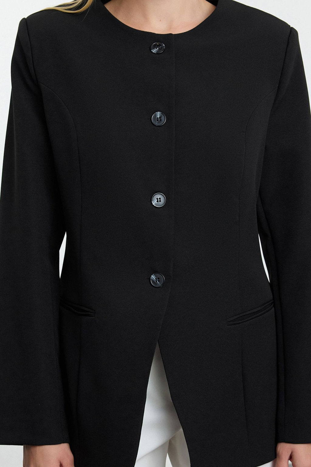 TRENDYOLMILLA Siyah Yuvarlak / Bisiklet Yakal? Fitted Bele Oturan Dokuma Blazer Ceket TWOAW25BC00009  фото 9