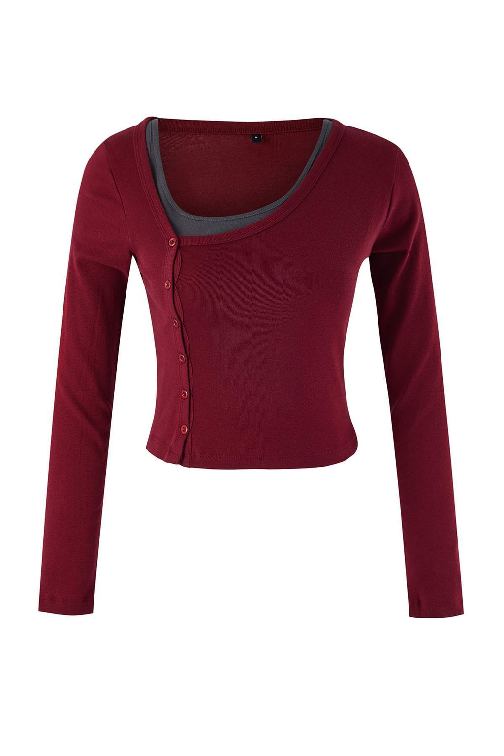 Bordo Cift Gorunumlu Asimetrik Yaka Dugmeli Vucuda Oturan Esnek Orme Bluz TWOAW26BZ00042