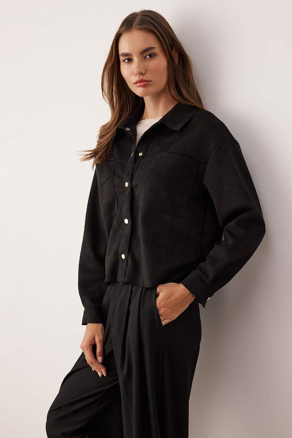 Siyah Gold Dugme Detayl? Suet Gomlek Ceket TWOAW26CE00016