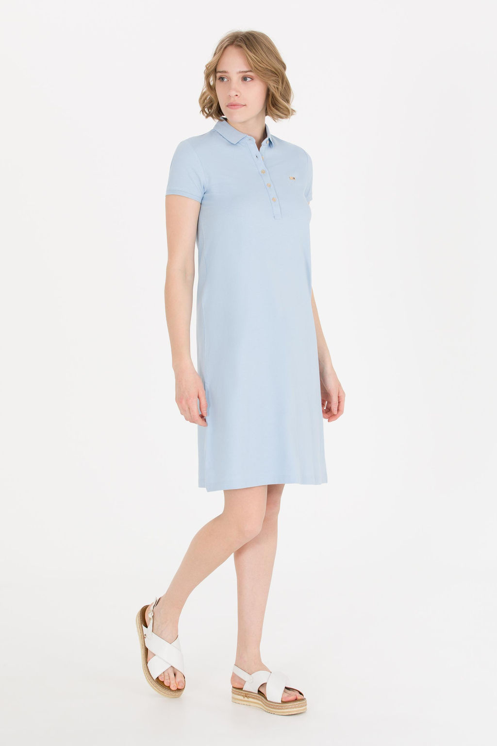 Kad_n A__k Mavi Polo Yaka _rme Elbise